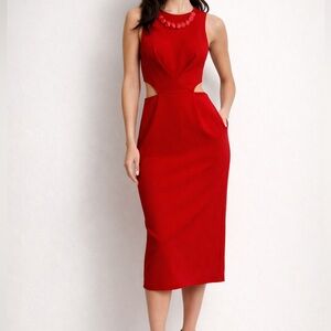 D-Play Red Cutout Midi Dress with Statement Necklace Detail